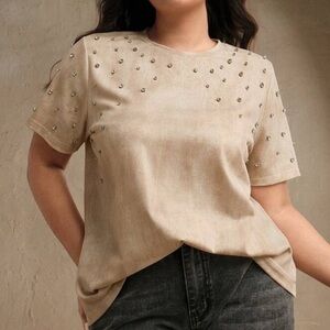 SHEIN Brown Short Sleeve Tee with Studs